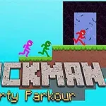 Fire fargerike strekfigurer som løper på en plattform med teksten Stickman Party Parkour under