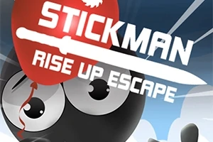 En svartkledd figur med store øyne ser opp mot en rød ballong med teksten Stickman Rise Up Escape