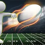 En hvit, stilisert figur som sparker en oval ball på en opplyst stadion med yardlinjer i bakgrunnen