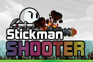 En strekfigur holder et ildsprutende våpen med teksten Stickman Shooter foran en bakgrunn av skyer og et grønt landskap