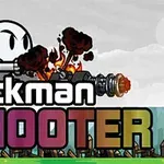 En strekfigur holder et ildsprutende våpen med teksten Stickman Shooter foran en bakgrunn av skyer og et grønt landskap