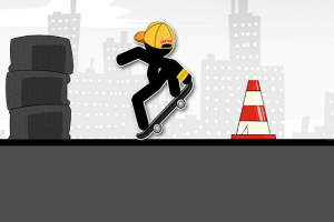 En tegnet skikkelse på skateboard med hjelmeike, hopper over en hindring i form av en trafikkjegle med grå bysilhuett i bakgrunnen
