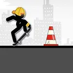 En tegnet skikkelse på skateboard med hjelmeike, hopper over en hindring i form av en trafikkjegle med grå bysilhuett i bakgrunnen