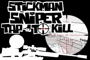 Silhuett av en pinnefigur med snikskytterrifle over en bakgrunn med siktekorn og ord i grafisk stil