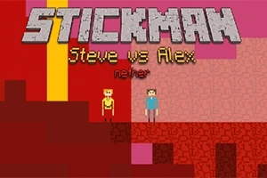 Tosiders pikselert spillgrafikk med karakterene Steve og Alex på en rød og rosa bakgrunn, med teksten Stickman øverst