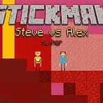 Tosiders pikselert spillgrafikk med karakterene Steve og Alex på en rød og rosa bakgrunn, med teksten Stickman øverst