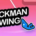 Fargerik bakgrunn med teksten Stickman Swing og en blå strekfigur som svinger fra en linje