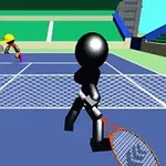 To figurer spiller tennis på en bane med tribuner i bakgrunnen