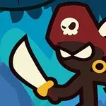 En tegnet pirat med rød hatt, sverd og hodeskalle-symbol, sett mot en blå bakgrunn