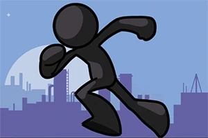 Silhuett av en stickman som løper foran en bysilhuett på en blå bakgrunn
