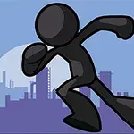 Silhuett av en stickman som løper foran en bysilhuett på en blå bakgrunn