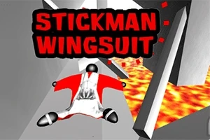 En strekfigur iført en rød wingsuit flyr over et landskap med flytende lava i bakgrunnen, med teksten STICKMAN WINGSUIT i fet rødt