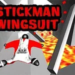 En strekfigur iført en rød wingsuit flyr over et landskap med flytende lava i bakgrunnen, med teksten STICKMAN WINGSUIT i fet rødt