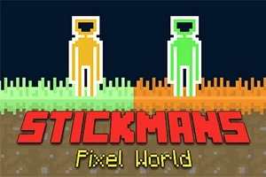 To piksellert figurer, en oransje og en grønn, stående på en piksellert grasbakgrunn med teksten Stickmans Pixel World under