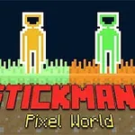 To piksellert figurer, en oransje og en grønn, stående på en piksellert grasbakgrunn med teksten Stickmans Pixel World under