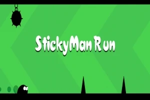 Grønn bakgrunn med teksten StickyMan Run i midten, en liten svart figur til venstre og spisse steinlignende hindringer i bunnen