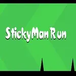 Grønn bakgrunn med teksten StickyMan Run i midten, en liten svart figur til venstre og spisse steinlignende hindringer i bunnen