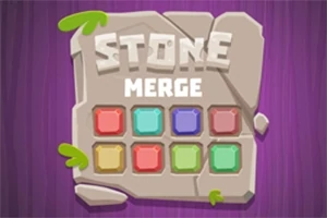 En steintavle med teksten STONE MERGE og ni fargerike firkantede ikoner på en lilla bakgrunn
