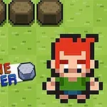 Pixelert figur med rødt hår i grønt landskap ved siden av teksten Stone Smacker