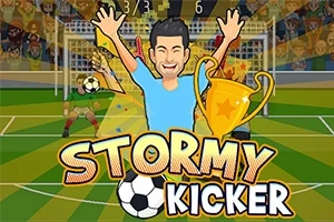En tegneseriefigur feirer med et trofé foran et fotballmål, med teksten Stormy Kicker nederst