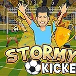 En tegneseriefigur feirer med et trofé foran et fotballmål, med teksten Stormy Kicker nederst