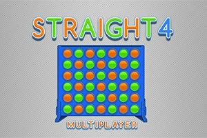 Blått rutenett fylt med orange og grønne brikker, med teksten Straight 4 Multiplayer over og under