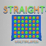 Blått rutenett fylt med orange og grønne brikker, med teksten Straight 4 Multiplayer over og under