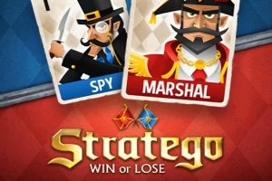 Tegneserieillustrasjon av en spion med hatt og monokkel ved siden av en marskalk i militæruniform, med en tekst nedenfor som sier Stratego Win or Lose