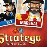 Tegneserieillustrasjon av en spion med hatt og monokkel ved siden av en marskalk i militæruniform, med en tekst nedenfor som sier Stratego Win or Lose