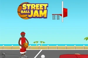 Animasjon av en basketballspiller på en utendørs bane med et mål i bakgrunnen og teksten Street Ball Jam øverst