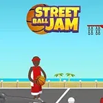 Animasjon av en basketballspiller på en utendørs bane med et mål i bakgrunnen og teksten Street Ball Jam øverst
