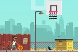 Pixelgrafikk av en gutt med basketball foran et gjerde, en sykkel, en basketballkurv, en søppelkasse, og en svart katt, med en bysilhuett i bakgrunnen