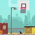 Pixelgrafikk av en gutt med basketball foran et gjerde, en sykkel, en basketballkurv, en søppelkasse, og en svart katt, med en bysilhuett i bakgrunnen