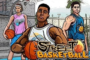 Tre basketballspillere i tegneseriestil står på en utendørs basketballbane med basketballer i hendene