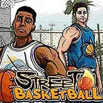 Tre basketballspillere i tegneseriestil står på en utendørs basketballbane med basketballer i hendene