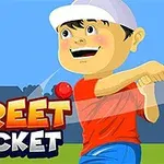 Tegnet gutt i rød t-skjorte som svinger en cricketballtre, med teksten Street Cricket i levende farger