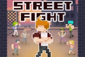 Pikselert bilde av unge figurer i en gate omgitt av mursteinsbygninger, med teksten STREET FIGHT over