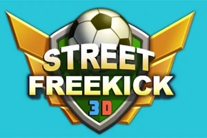 En fotball plassert over et skjold med teksten Street Freekick 3D i fet skrift, med gullfargede vinger på hver side, på en blå bakgrunn