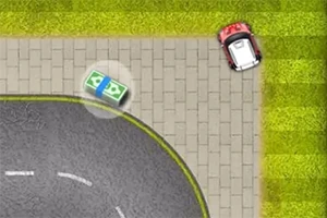 Rød bil parkert på et fortau ved siden av en vei med en pakke med penger i nærheten