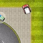 Rød bil parkert på et fortau ved siden av en vei med en pakke med penger i nærheten