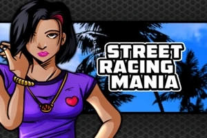 Tegneserieaktig kvinne med svart hår og lilla topp med hjerte, ved siden av teksten Street Racing Mania foran blå himmel og palmer