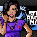 Tegneserieaktig kvinne med svart hår og lilla topp med hjerte, ved siden av teksten Street Racing Mania foran blå himmel og palmer