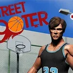 En tegneserieaktig basketballspiller i en svart drakt står foran et basketballmål med teksten Street Shooter i bakgrunnen