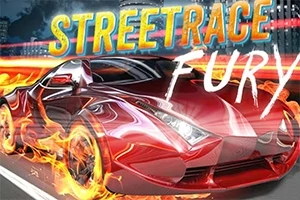 Rød sportsbil i flammer kjører raskt på en nattlig motorvei, med teksten Streetrace Fury over