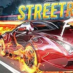Rød sportsbil i flammer kjører raskt på en nattlig motorvei, med teksten Streetrace Fury over