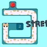 En tegneserie av en langstrukket katt i et labyrintlignende mønster med teksten Stretch the Cat ved siden av