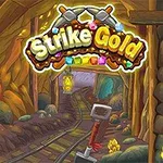 Fargerikt tegnet gruvescene med en inngang fylt med gull, skinner og en lykt, samt teksten Strike Gold dekorert med juveler