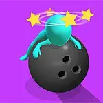 En turkis figur sitter på en svart bowlingkule med stjerner som sirkler rundt hodet på en lilla bakgrunn