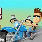 En animert mann med solbriller kjører en blå motorsykkel raskt forbi i et tegnet bylandskap, med teksten Stud Rider ved siden av