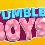 Fargerik illustrasjon med teksten Stumble Boys i blått og rosa, samt en tegnet figur som løper